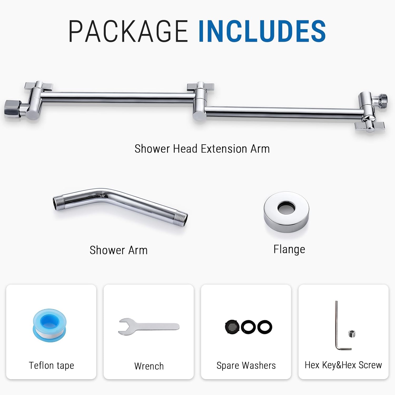 G-Promise 18 Inch Shower Head Extension Arm with Shower Arm and Flange, Solid Brass Flexible Height & Angle Extender with Lock Joint, Compatible with Rainfall and Handheld Showerhead (Chrome)