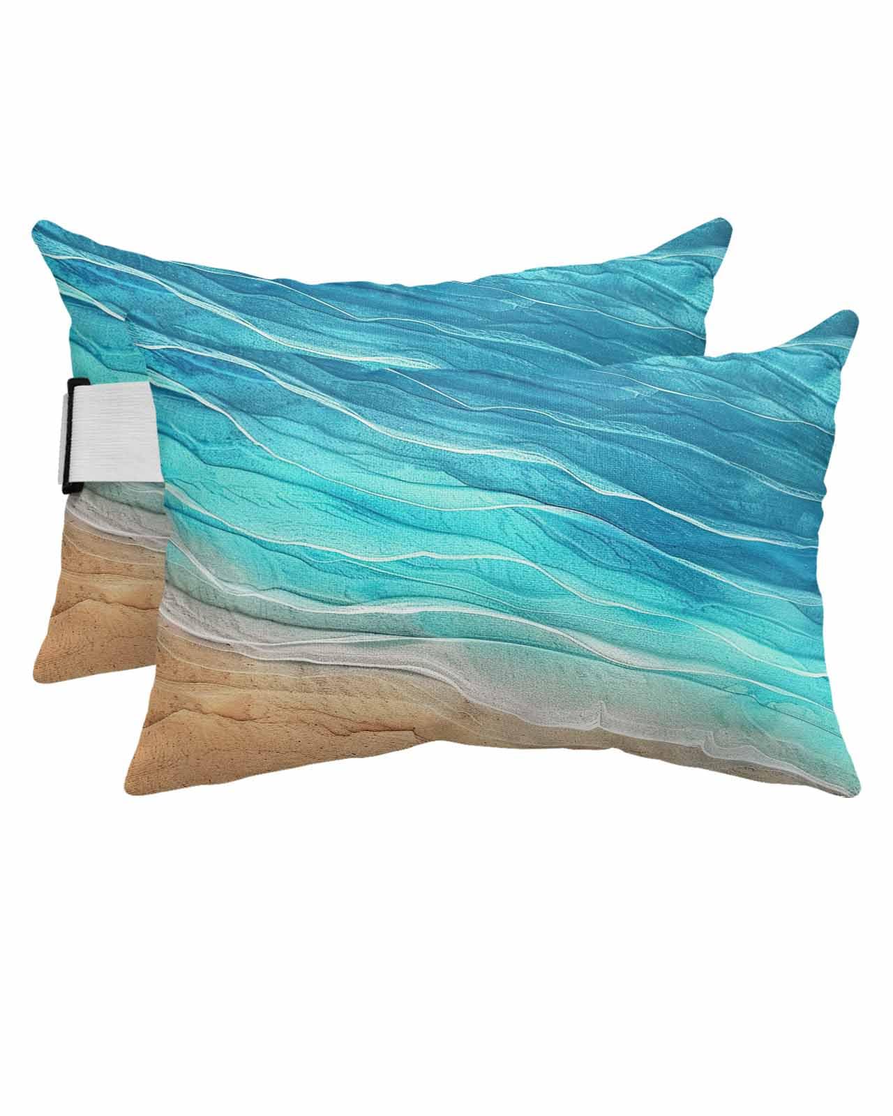Ocean Turquoise Outdoor Beach Pool Chaise Lounge Chair Head Throw Pillow Covers 11x16 With Insert And Elastic Stripe Set of 2,Lumbar Cushion Pillow Cases,Beach SAnd Minimalist Geometric Striped