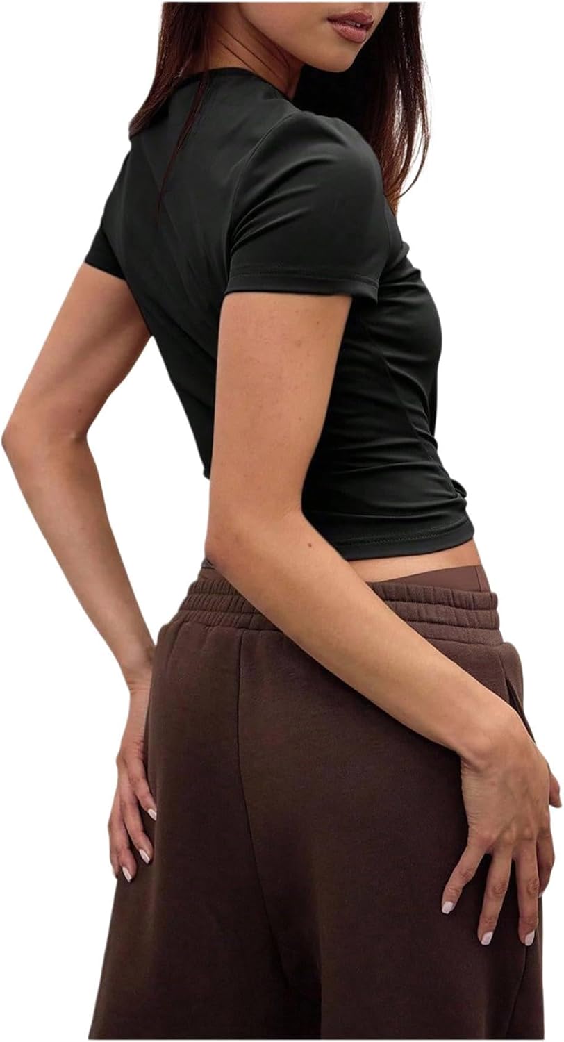 SHENHE Women's Short Sleeve Tee Shirt Mock Neck Basic Tops Casual Slim Fitted Cropped Top - Image 2