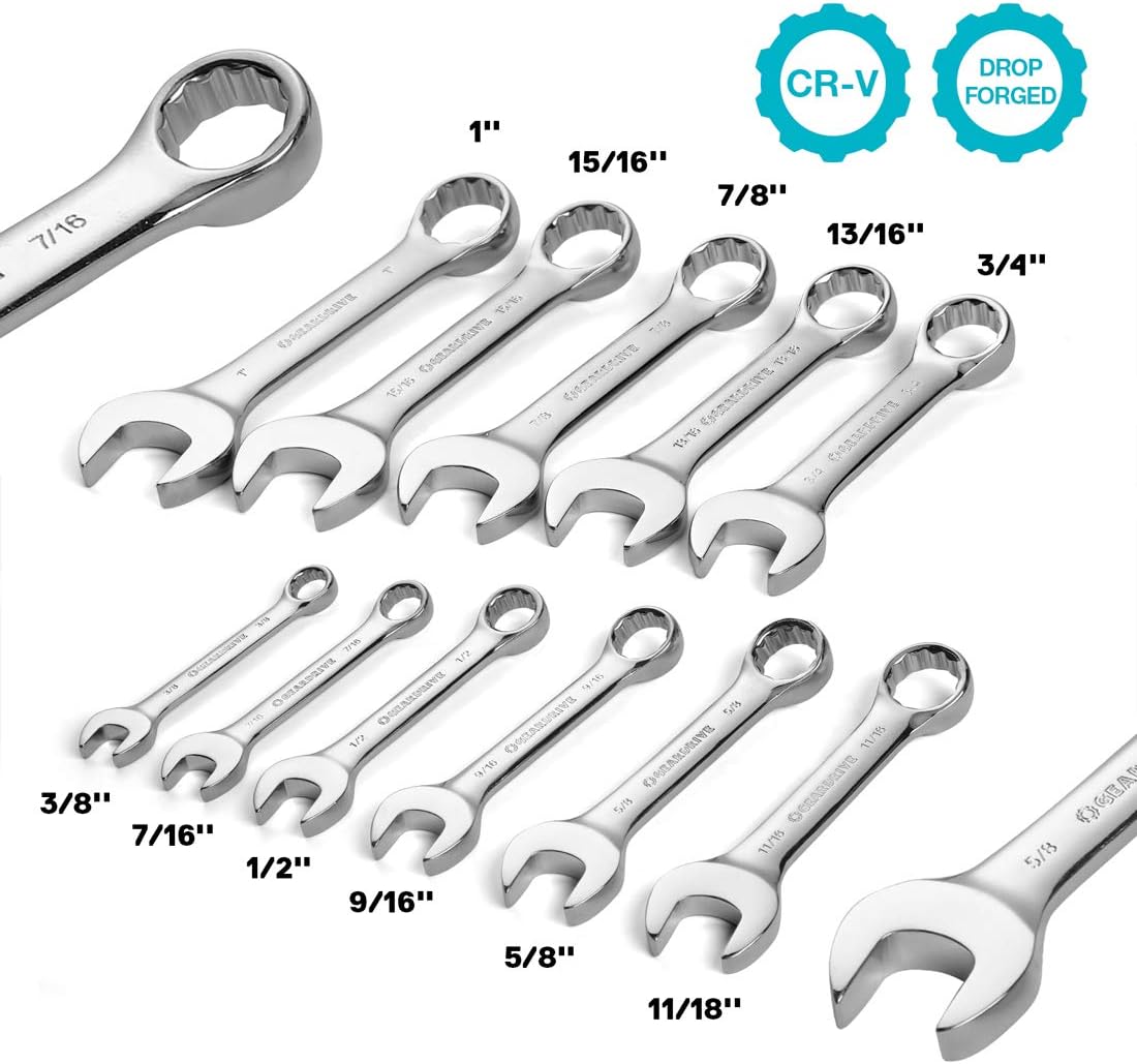 Stubby Combination Wrench Set, SAE, 11-piece, 3/8'' to 1'', 12-Point, Chrome Vanadium Steel Construction with Pouch