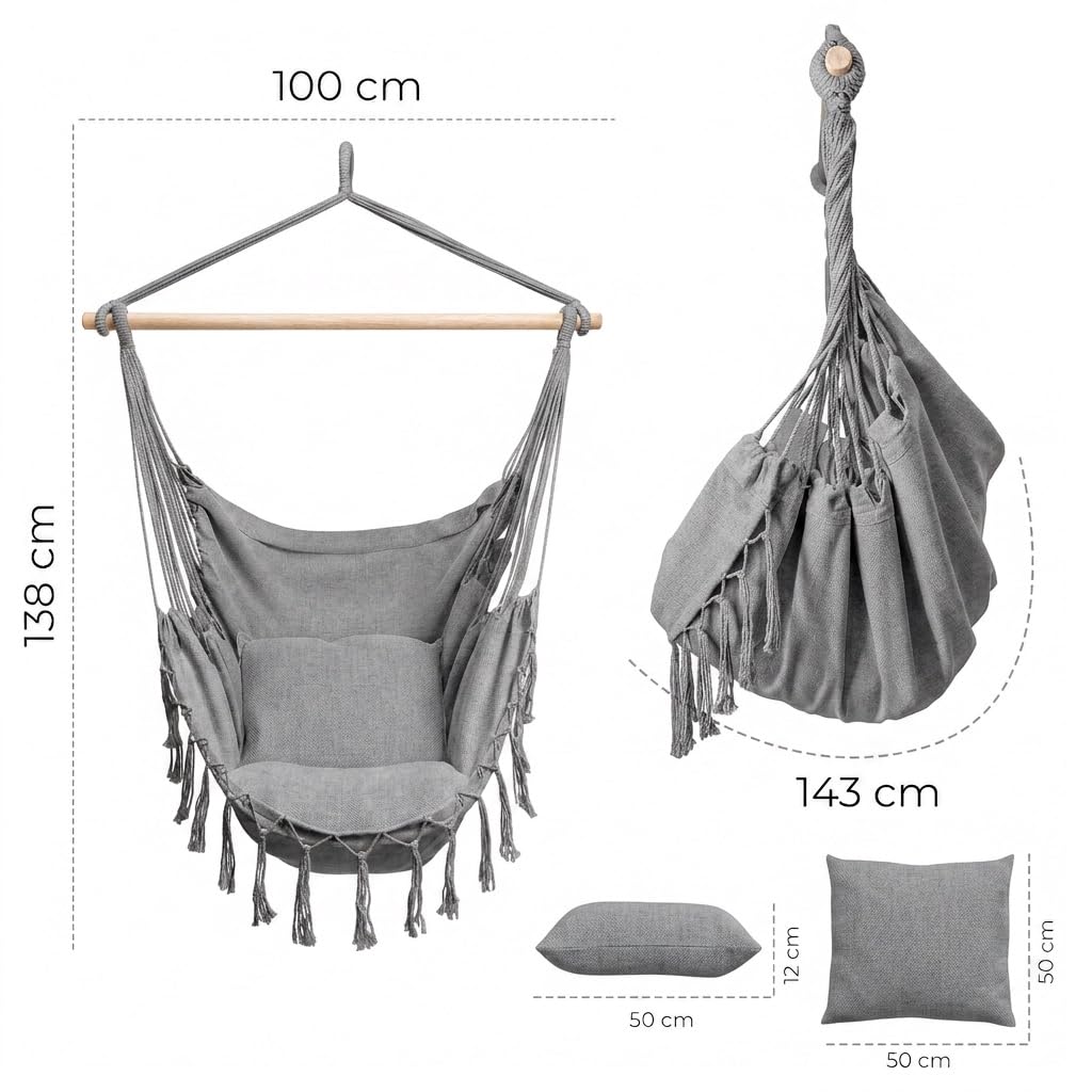 BOGATECO Sedia Amaca Sospesa con 2 Cuscini | con Supporto in Legno | Portata 150 kg | Perfetto per Interno & Esterno | a Casa, Patio, Cortile e Giardino | Grigio Scuro