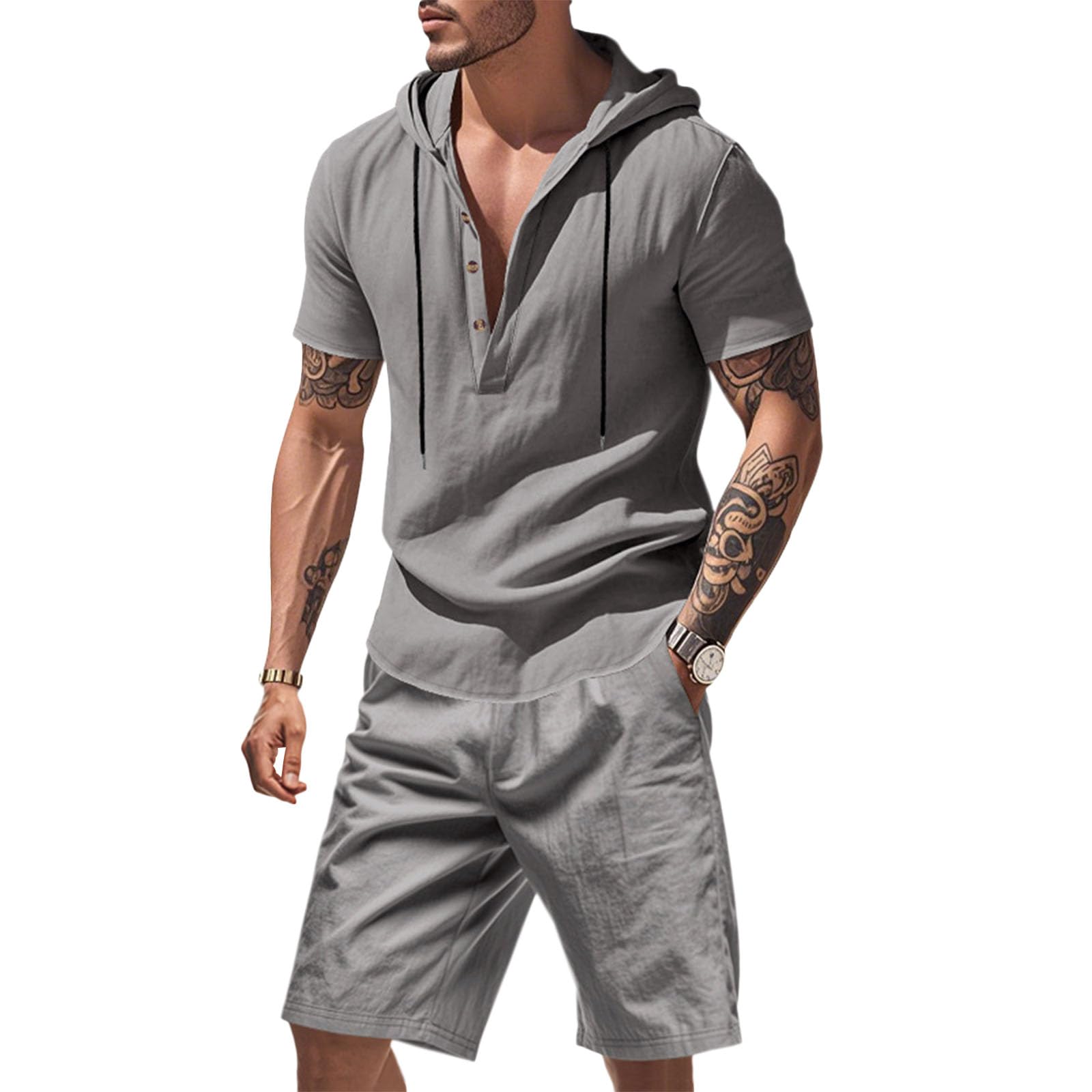 Costaric Mens Linen Sets Button Drawstring Hoodies 2 Piece Short Sets Summer Beach Vacation Clothes 2025 Workout Tracksuits