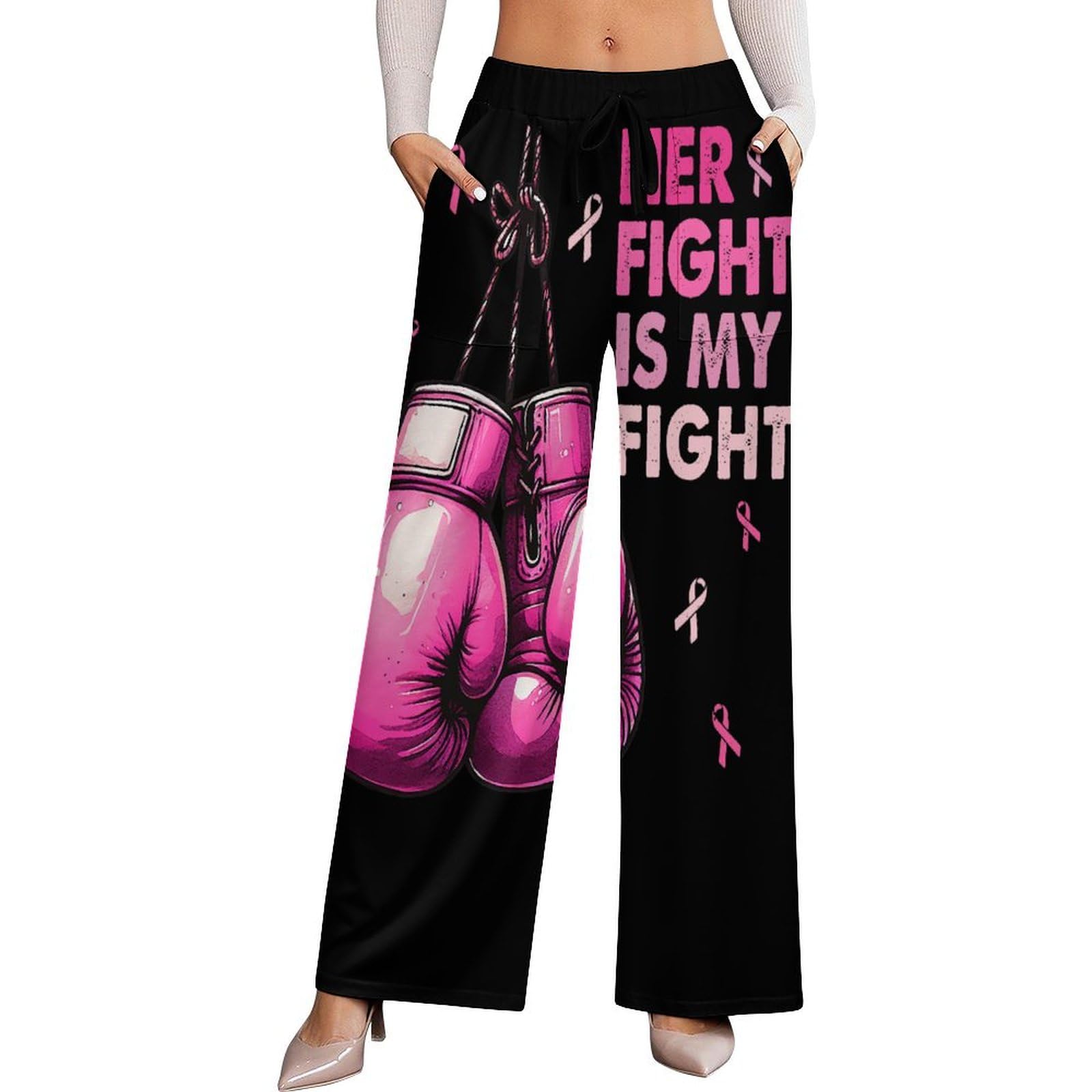 OBLUE Breast Cancer Awareness Pink Ribbon Womens Wide-Leg Pants Loose Casual Trousers Adjustable Drawstring with Pockets