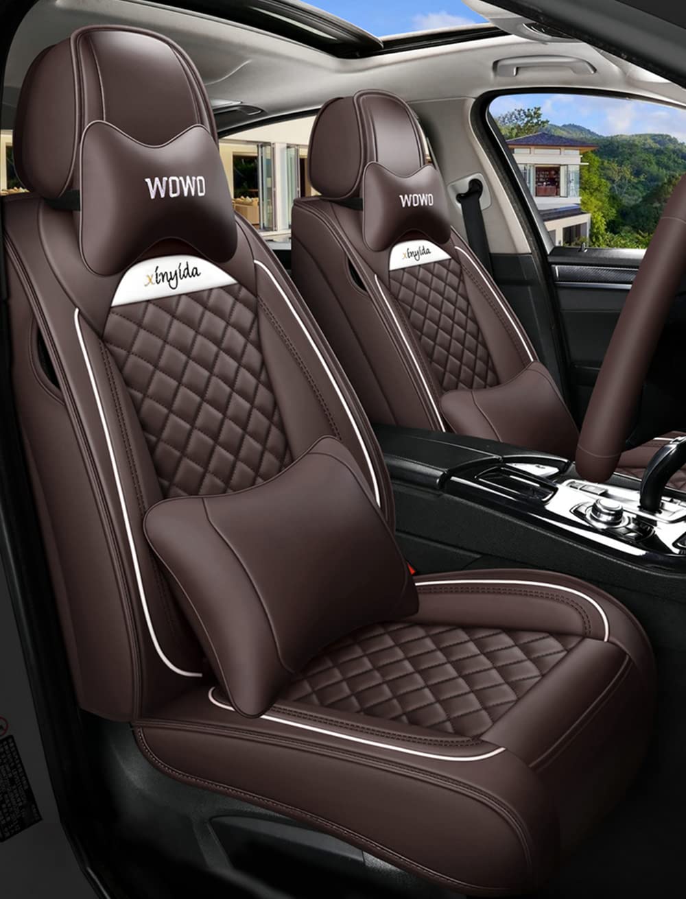 JoyRozTek Car Seat Covers For Nissan Note (5-Seater), Universal Fit, Premium PU Leather Seat Cover Full Set, ZT03-Brown