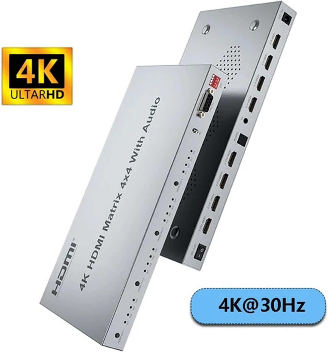 4x4 HDMI Seamless Switching Matrix with Audio Extractor 4K@30Hz HDR 18Gbps Splitter 4 in 4 OutSupport HDCP1.4 EDID RS232(4K 30Hz HDMI 1.4,EU Power Plug)