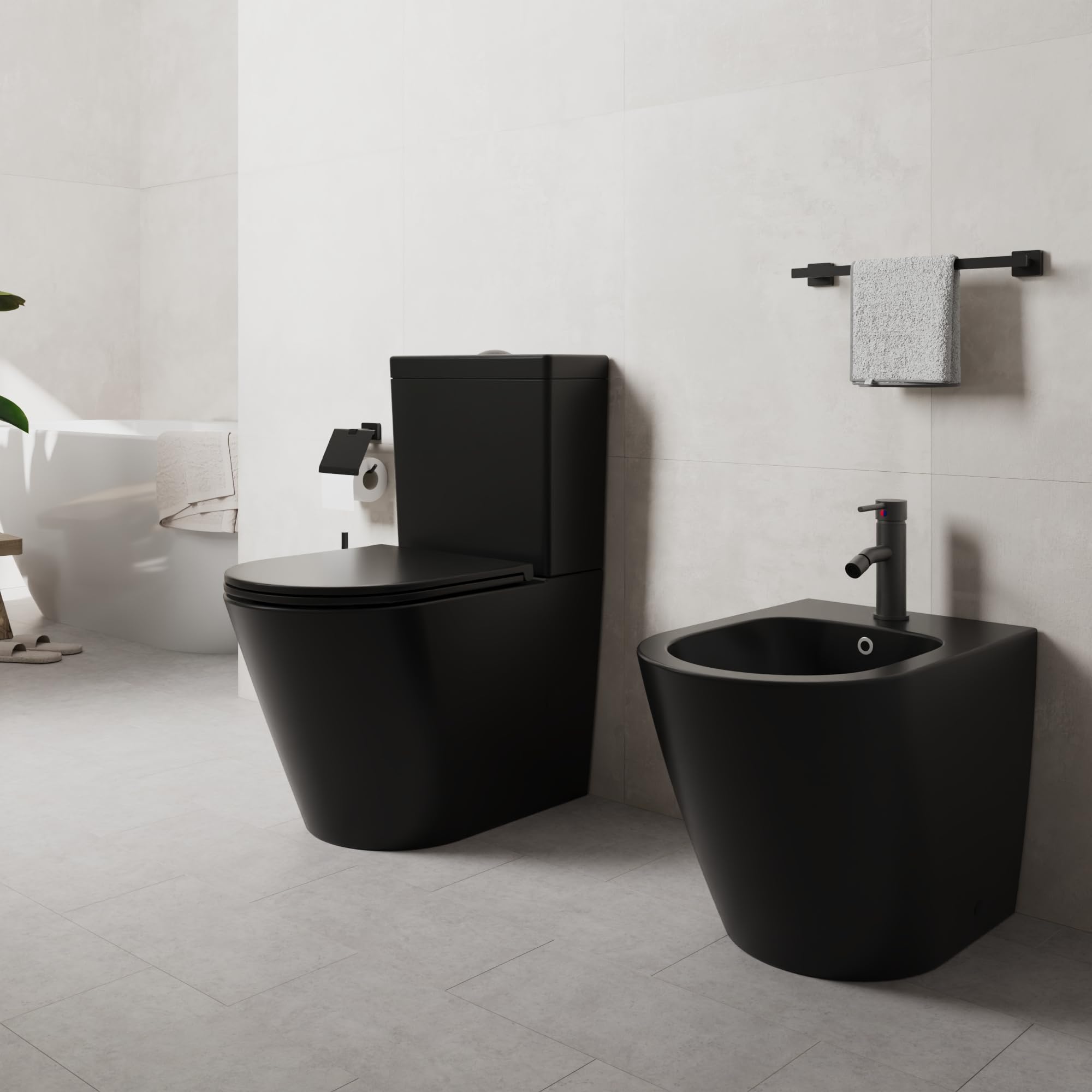 Paire de sanitaires Filomuro cuvette monobloc sans bordure et bidet noir mat | Vienna