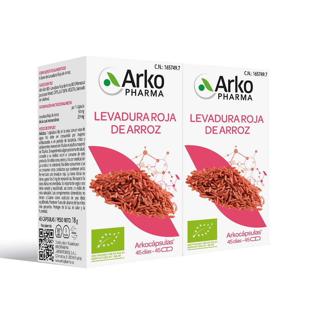 Arkopharma - Arkocápsulas Levadura Roja de Arroz Bio, Pack 2 x 45 Cápsulas, Complemento Alimenticio de Origen Vegetal, Ayuda a Mantener Niveles Normales de Colesterol, Bienestar Cardiovascular