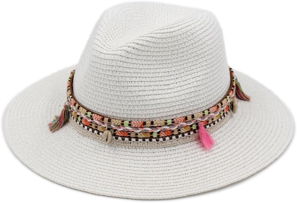 Women Wide Brim Straw Panama Hat Fedora Cap Summer Beach Sun Hat UPF50+ with Tassels Braided Belt