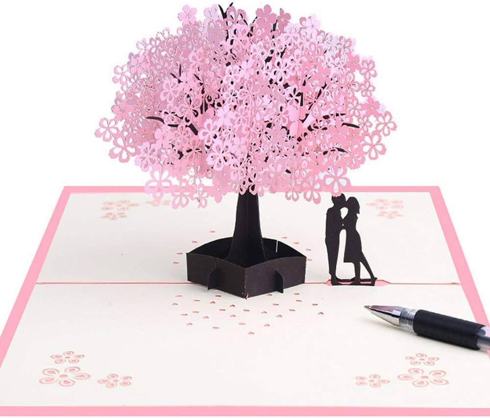 3D Card Handmade Pop Up Card with Romantic Lovers Under Cherry Tree,Wedding Card Greeting Card for Wife Husband Girlfriend Bride and Mother
