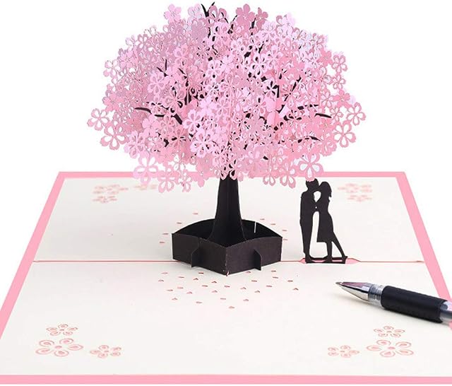 3D Card Handmade Pop Up Card with Romantic Lovers Under Cherry Tree,Wedding Card Greeting Card for Wife Husband Girlfriend Bride and Mother