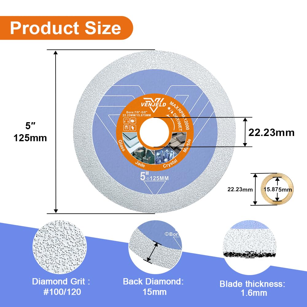 VENJELD Diamond Glass Cutting Disc - 3Pcs 125mm Diamond Saw Blade for Glass Jade Crystal Wine Bottle Ceramic Tile Marble - Image 2