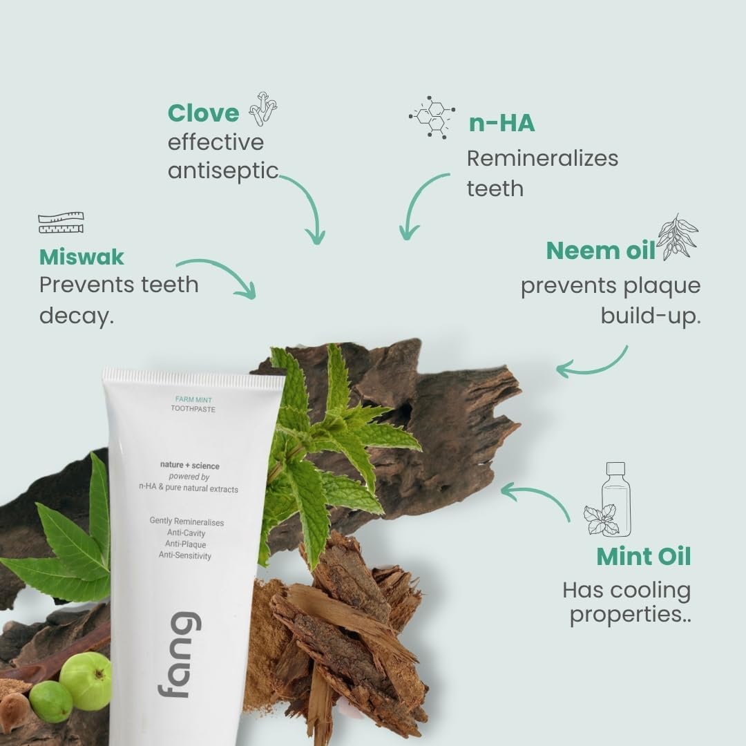Fang Natural Nano Hydroxyapatite (N-Ha) Farm Mint Toothpaste (4 X 100 gm) | Teeth Whitening Oral Care | Fresh & Tooth Protection for Adults | Vegan, Fluoride Free & Non Toxic