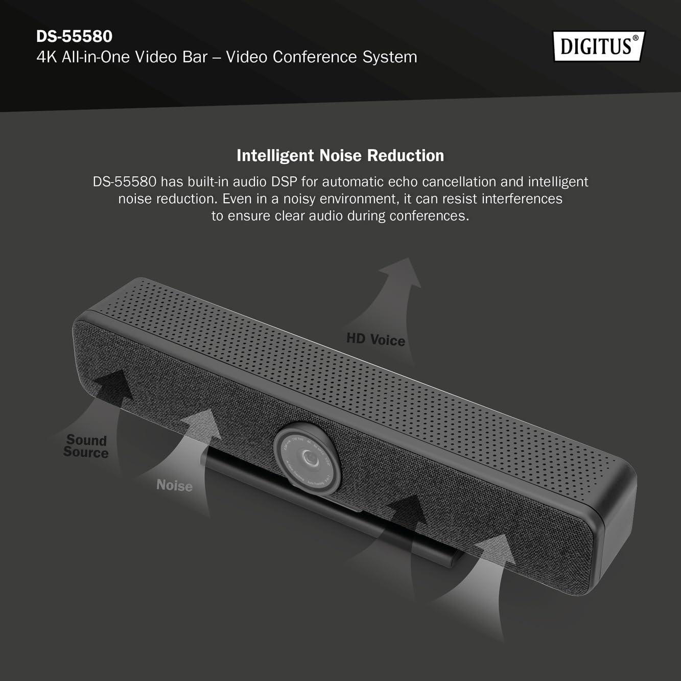 DIGITUS DS-55580 Video Bar Pro, system wideokonferencyjny - kamera internetowa 4K UHD 30 Hz ePTZ - 1 mikrofon biurkowy i 4 mikrofony wewnętrzne - głośniki - automatyczna regulacja ostrości i zoomu