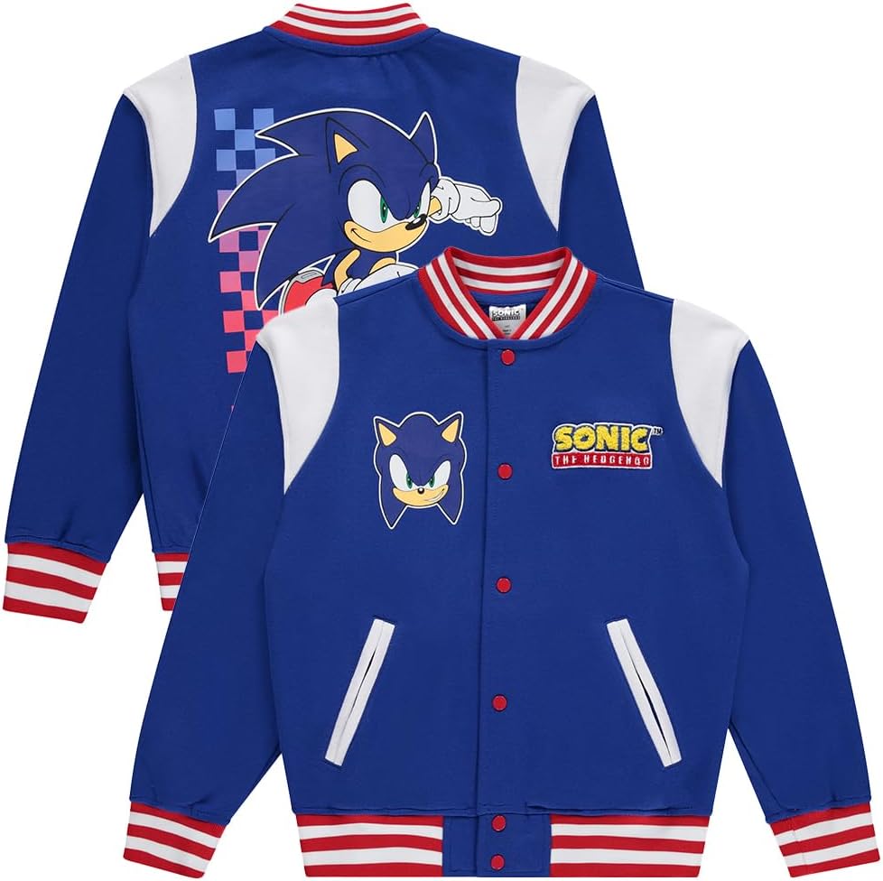 Sonic The Hedgehog Boys Snap Varsity Jacket - Varsity Jackets Made w Polyester Fabric - Snap Button Kids Letterman Jackets