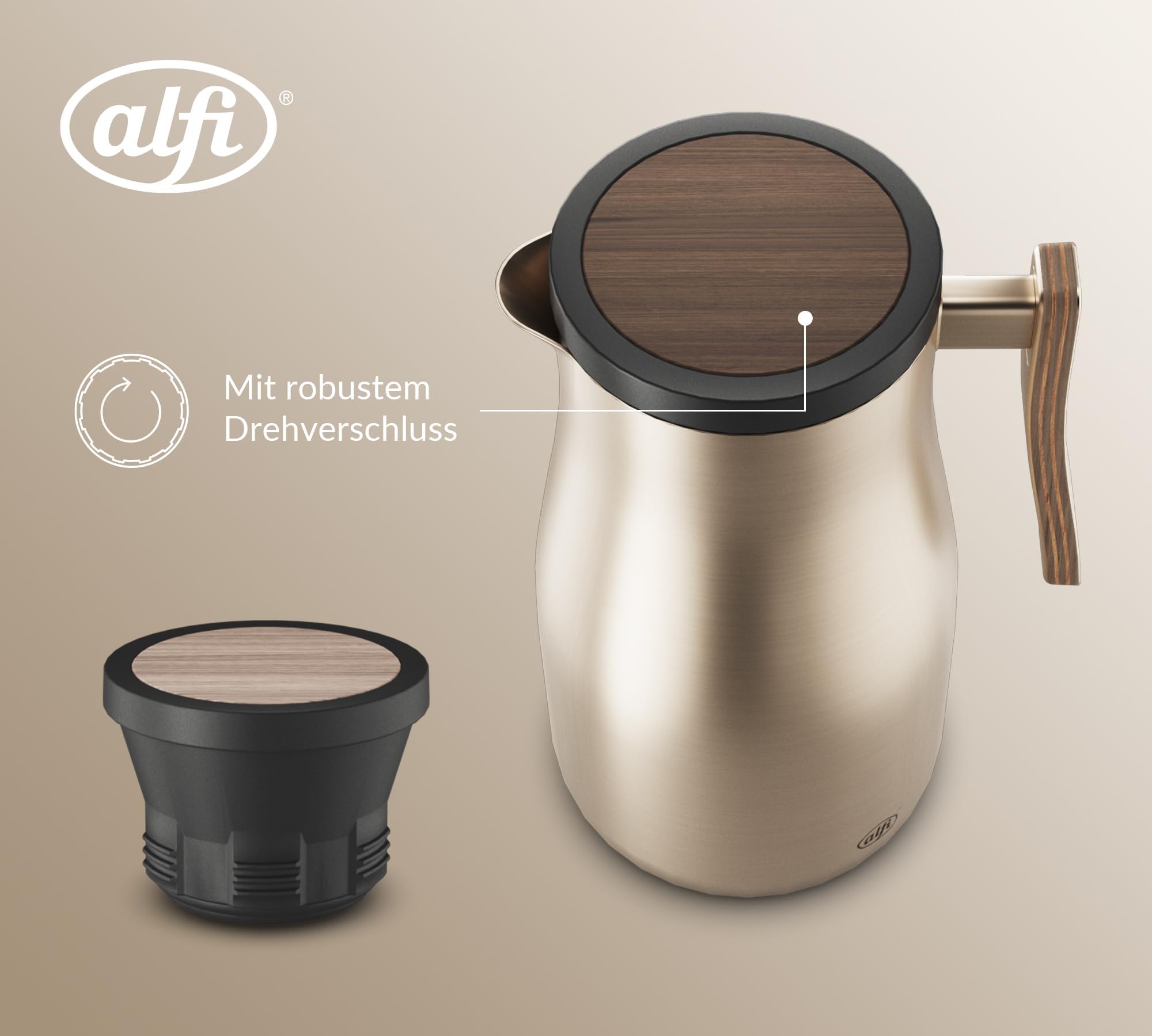 alfi STUDIO ALLURE Isolierkanne 1,00 l, 12 h heiß, Edelstahl, champagner | 24 h kalt, Thermoskanne für Kaffee & Tee, doppelwandig aus Edelstahl, Drehverschluss, große Öffnung, spülmaschinenfest