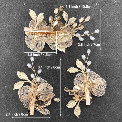Pinzas para cabello doradas con flores y perlas de cristal, pack de 3 miniatura 5