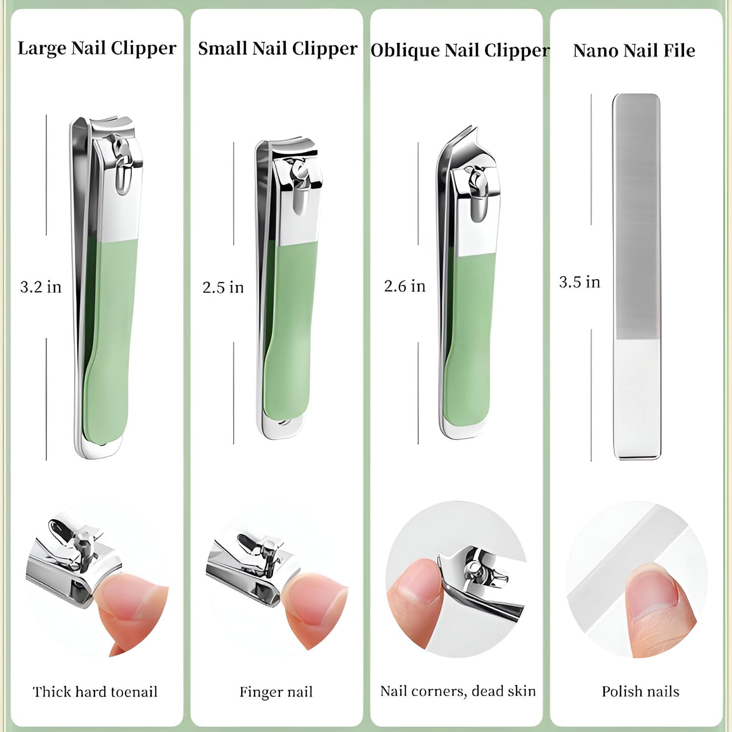 Jeyux 10 in 1 Nail Clippers Set, Large Toe Nail Clippers Kit, Sharp Stainless Steel Cutter for Thick Finger Nail, Professional Grooming Kits, Travel Nail Kit for Women (Light Green) 1