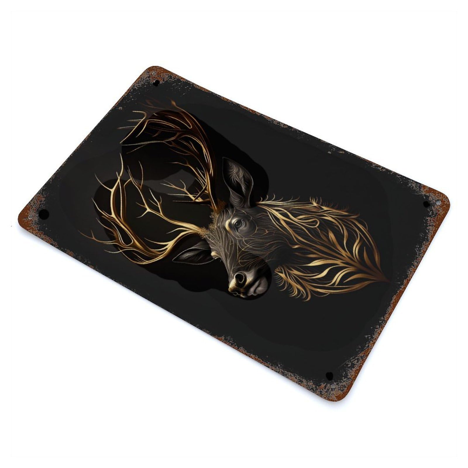 Distressed Metal Wall Sign with Deer Black Gold Design 11.8"x7.9", for Shed, Workshop And Garage Wall Decor, Decorative Metal Wall Art