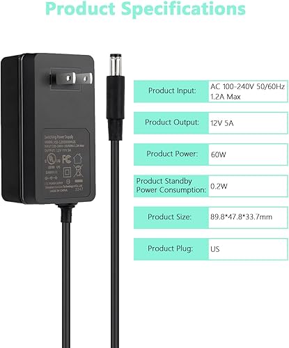 Miniatura 7 de AOYADAISU Adaptador de fuente de alimentación de 12 V 5 A, con certificación UL, fuente de alimentación de 12 V 60 W con enchufe de 0.217 x 0.083 in