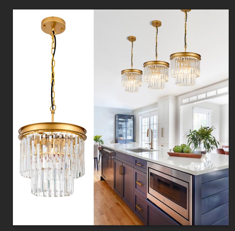 GDLT 11.8' Gold Crystal Pendant Light, Modern 3-Light Chandelier, 2-Tier Luxury Crystal Hanging Ceiling Light Fixture for Hallway Dining Room Living Room Bedroom Kitchen Island 1-Pack