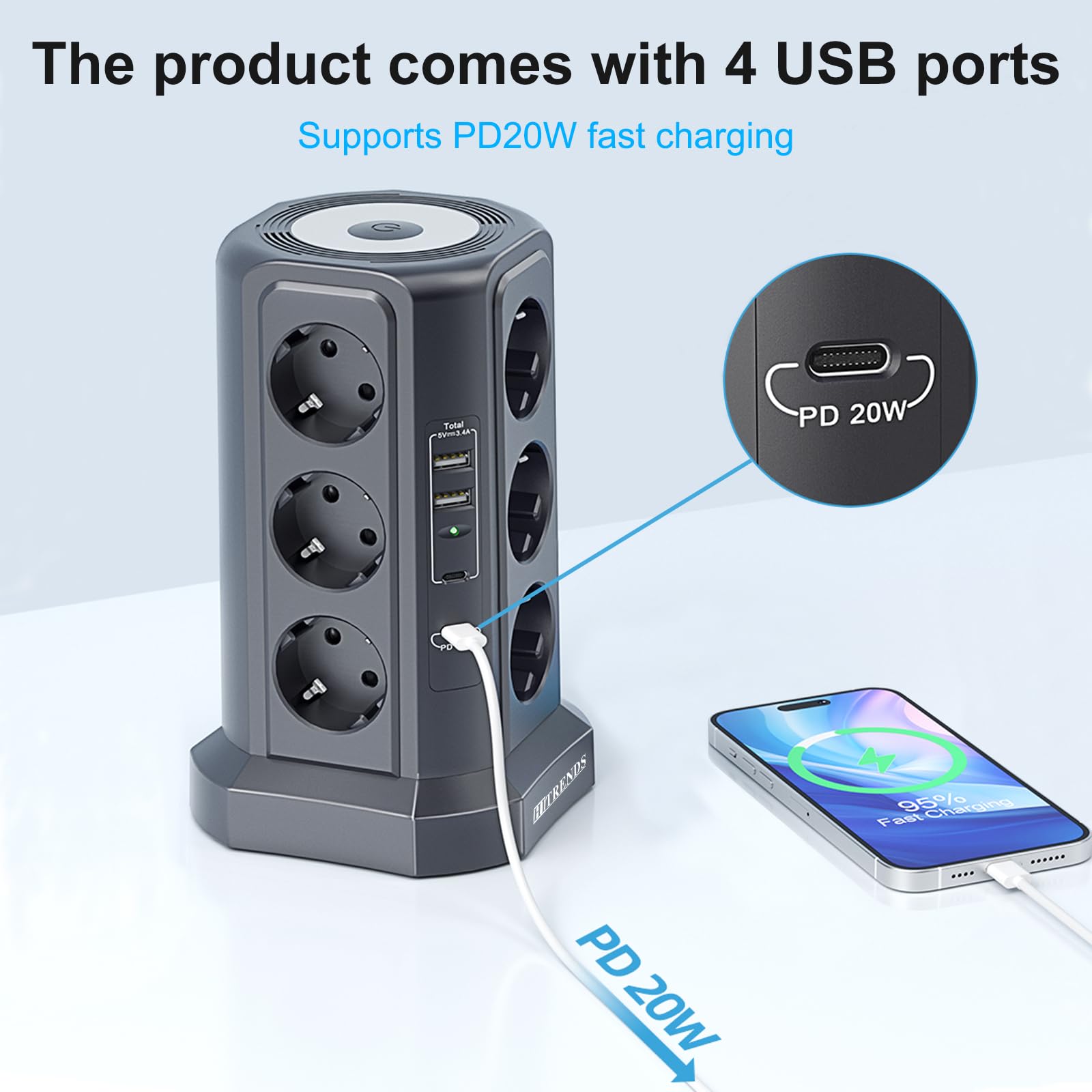 Ciabatta elettrica a 12 prese con 2 USB-A e 2 USB-C, 4000 W LED con interruttore, cavo da 1,8 m, torre con protezione da sovratensione (nero)