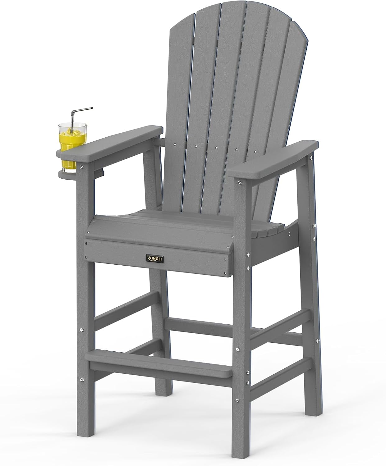 VINGLI Tall Adirondack Chair, All-Weather Plastic Adirondack Chair with Cup Holder Heavy-Duty Outdoor Barstools for Patio, Pool, Balcony,Backyard (Gray, 1 PCS)