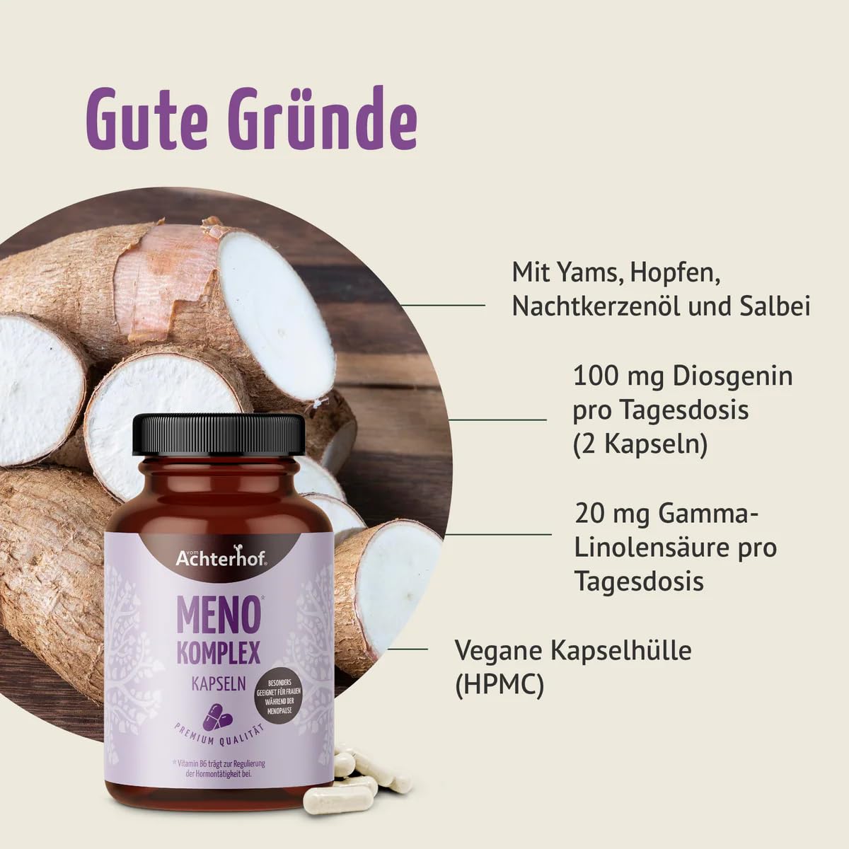 Meno Komplex Kapseln 120 Stück | mit Yams, Hopfen, Nachtkerzenöl und Salbei | Begleiter während der Menopause | Achterhof