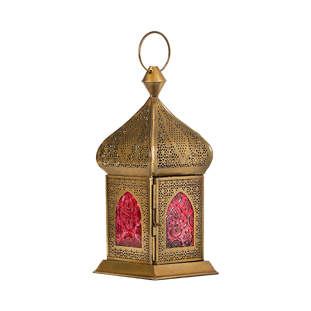 HilalFul Damascene Brass Antique Red Glass Decorative Candle Holder Lantern | For Home Décor in Eid, Ramadan, Wedding | Living Room, Bedroom, Indoor, Outdoor Decoration | Islamic Themed | Moroccan