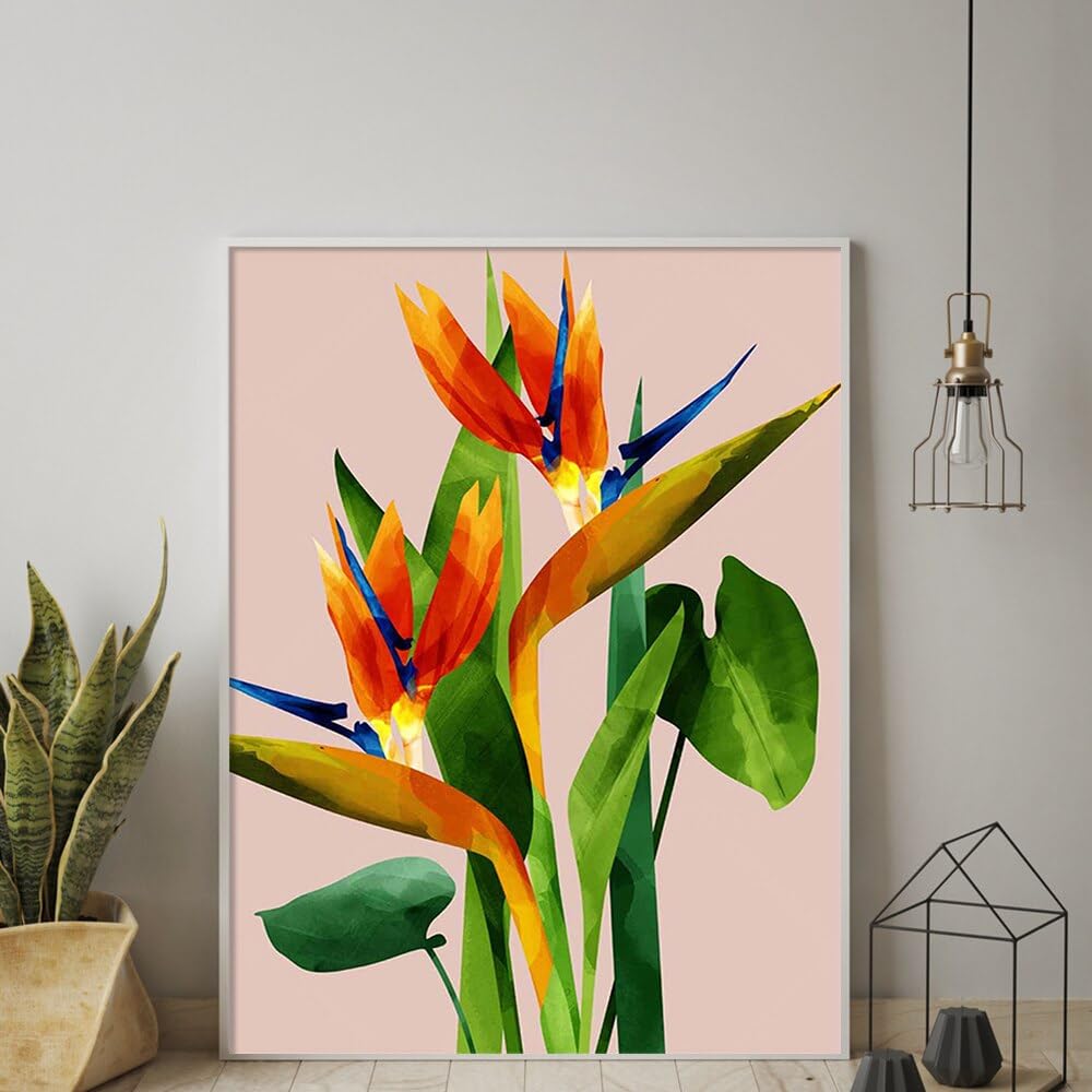 Amazon.co.jp: 極楽鳥花キャンバス絵画ピンク植物植物ポスターと