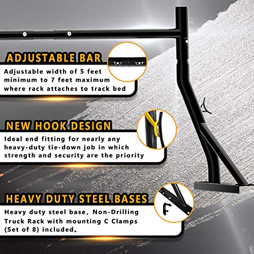 Truck Ladder Rack 800lbs Capacity with 8 Non-Drilling Utility Track System Mounting Clamp Heavy Duty Extendable Universal Pickup Ladder Rack Two-bar Set Matte Black One Pair