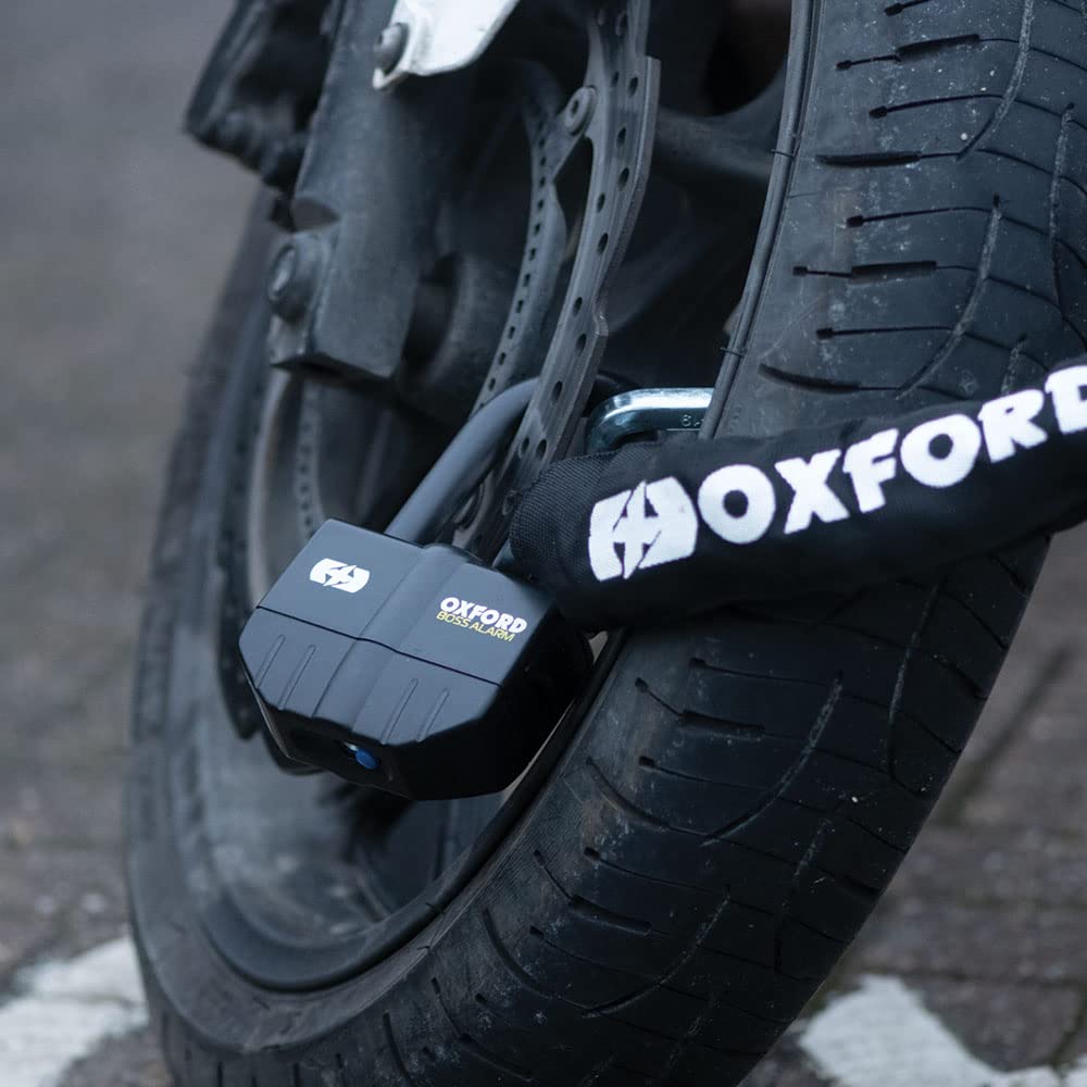 Oxford LK482 Boss Alarmschloss, 12 mm quadratische Gliederkette und 16 mm Bügel, Vorhängeschloss, Motorrad, Schwarz, 2,0 m