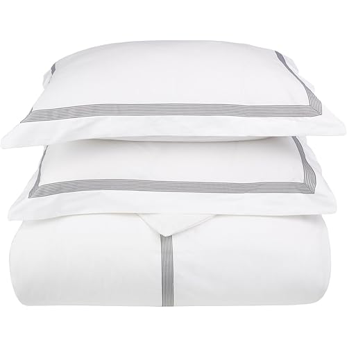 Superior Miller Cotton 300 Thread Count Duvet Cover Set, Soft Comforter Covers, Bedroom Essentials, Coastal Striped Decor, Includes 1 Duvet Cover with Button Closure, 2 Pillow Shams, Full/Queen, Grey