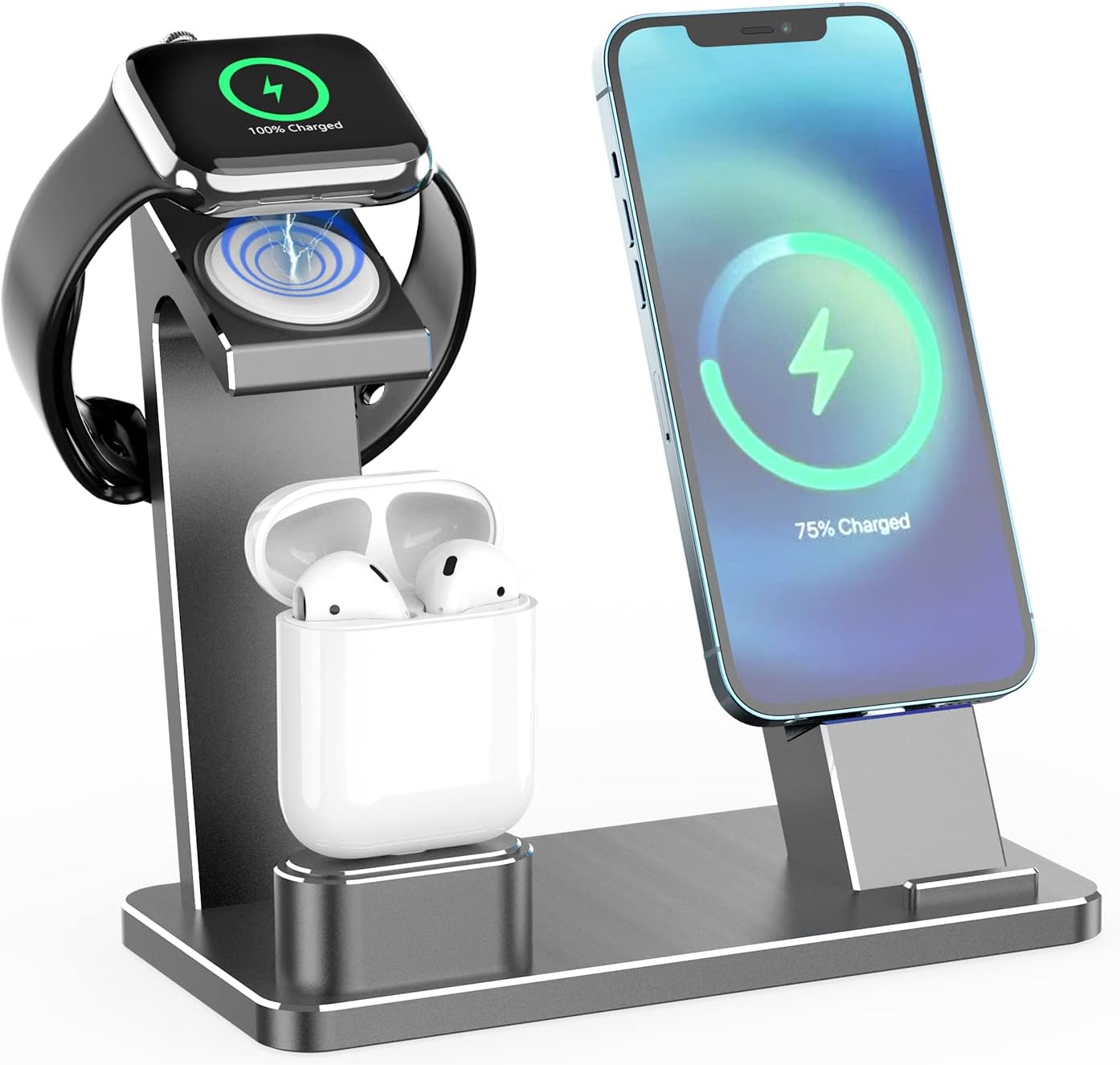 Charging Station for Apple Watch Phone Airpods Charger Stand - XUNMEJ 3 in 1 Aluminum iPhone Charging Dock Holder for iWatch Series 9/8/7, AirPods iPhone Series (Gray)