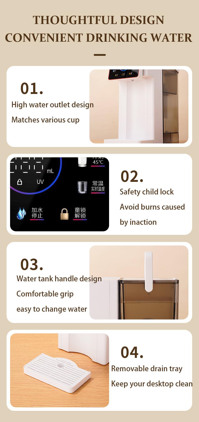 Distributeur D'eau Chaude Et Froide Instantanée avec Filtre Petite Fontaine Électrique de Bureau 2000 W Chauffage Rapide 3S 6 Réglages Température Capacité 3 L Écran Tactile Led pour la Maison Le