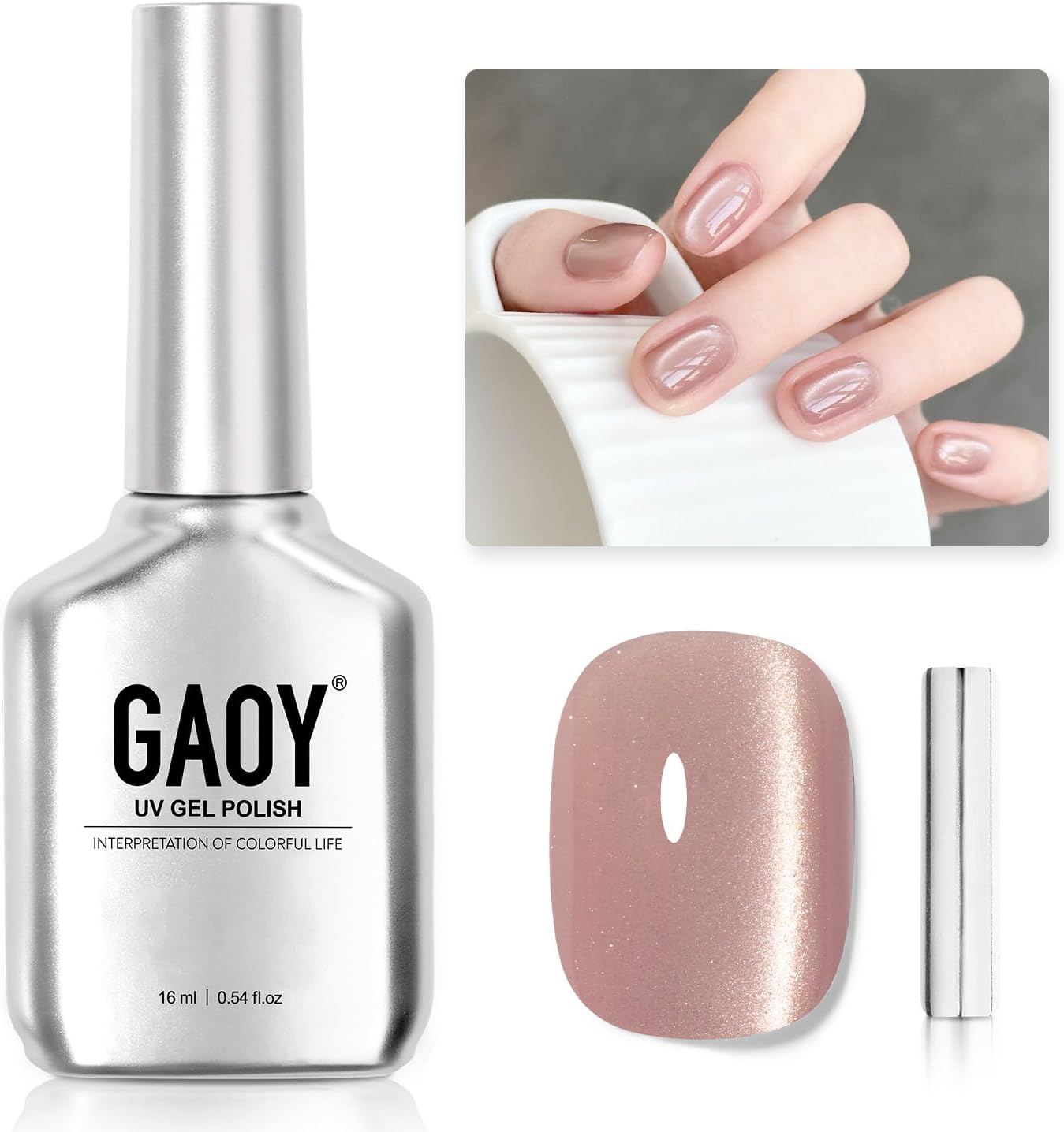 GAOY Glassy Cat Eye Gel Nail Polish, 16ml Glitter Holographic Nail Polish with Magnet, Reflective Translucent UV Gel, 2062 Pale Blush