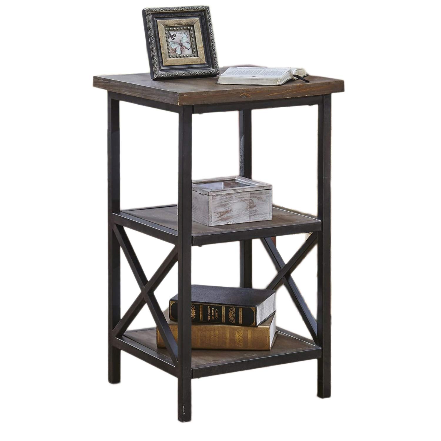 Globally Indian 3 Tier Shelving Unit,Wood and Metal End Corner Table Book Case Black