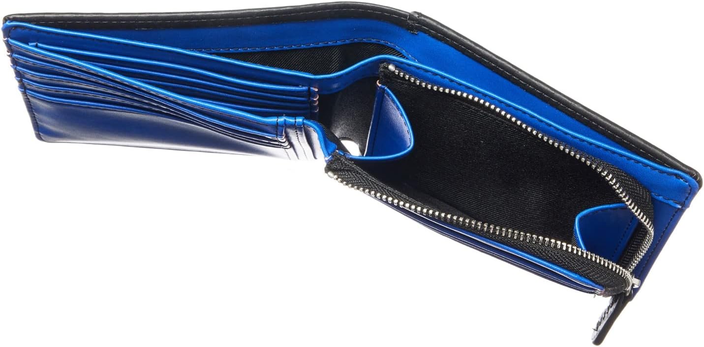 [VOICE] ヴォイス 本革 レザー メンズ 二つ折り 財布 使いやすい ファスナー 小銭入 カード 収納 プレゼント 用 ギフト箱入り (Black/Blue)