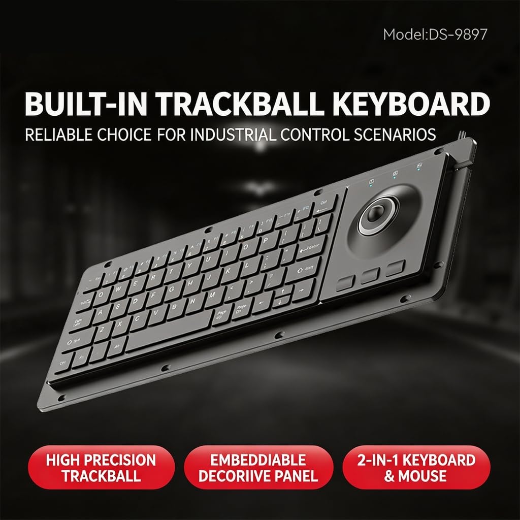 Teclado de 64 teclas con marco de metal con interruptores de tijera y bola de seguimiento para entornos de trabajo duros