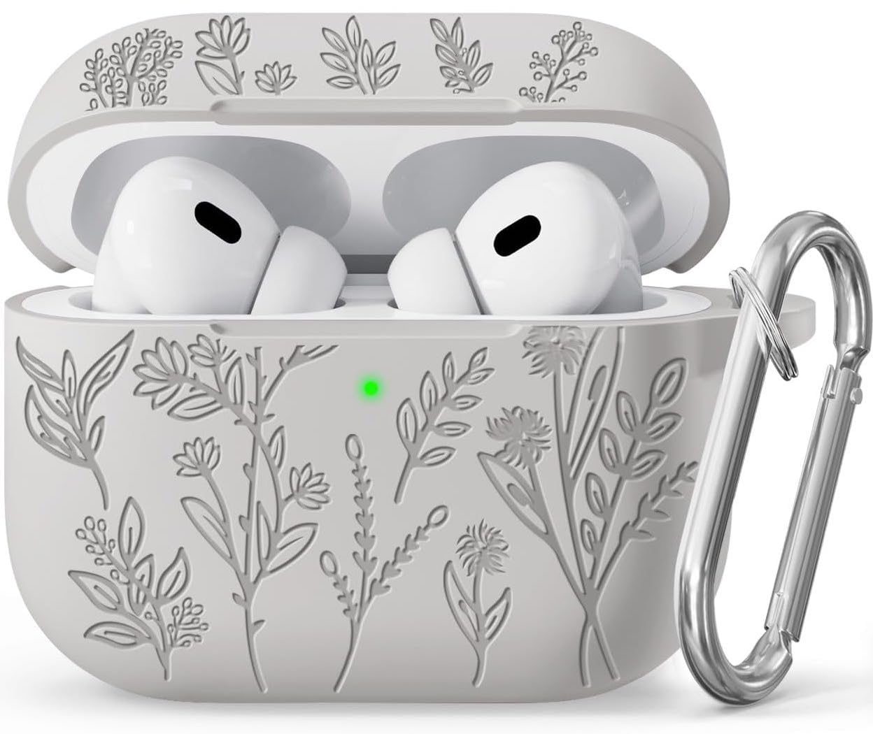 Meyaar Silicone Case for AirPods Pro 3 Floral Embossed, Flower Engraved Soft Silicone Cover with Keychain, Anti-Scratch, Shockproof Protective Case Cover (Light Grey, for AirPods Pro 3 (2025))