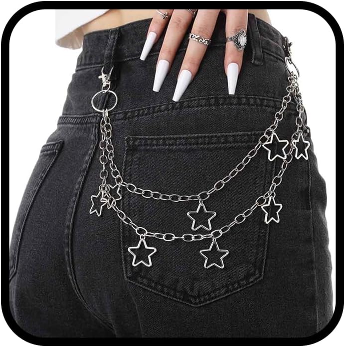 Hip Hop Pants Chain - Goth Jean Star Punk Pocket Accessory for Women - Layered Acrylic Keychains Cute Trouser Rock Wallet for Men - Waist Body Accessories for Girls (2 Stat-1)