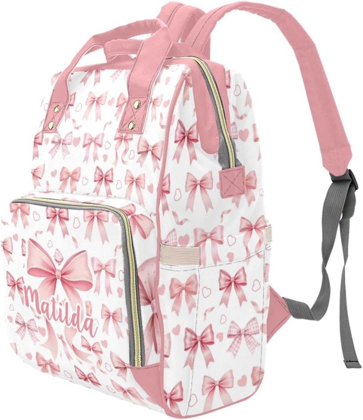 Personalized Pink Bow Diaper Bag Backpack with Name – Custom Baby Travel Tote for Mom or Dad, Nursing Bag for Girls, Shower Gift for Baby, Daycare Essentials Organizer