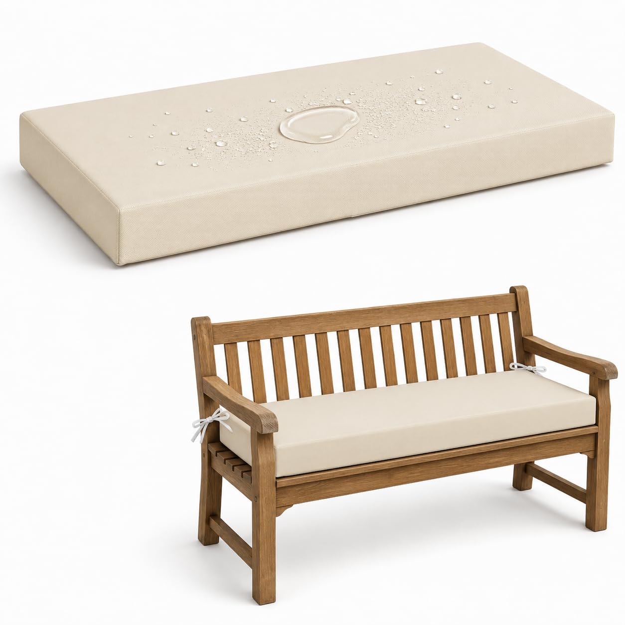 AZMAHT Waterproof 2/3/4 Seater Bench Cushion, Polyester Garden Bench Pad with 50D Foam 5Cm, Anti-Slip Ties, Removable Cover for Patio, Lawn, Indoor Outdoor Seats,Beige,60x30x5cm