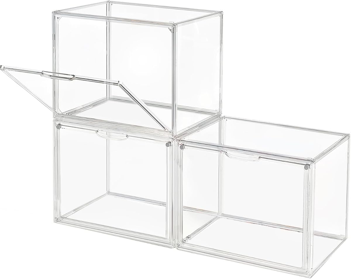 Contenedores de almacenamiento de plástico apilables transparentes con tapa magnética, libros a prueba de polvo y vitrinas de acrílico cosmético, vitrina de coleccionables de figuras grandes, caja de zapatos, organizador de protección (L, Count, 3)
