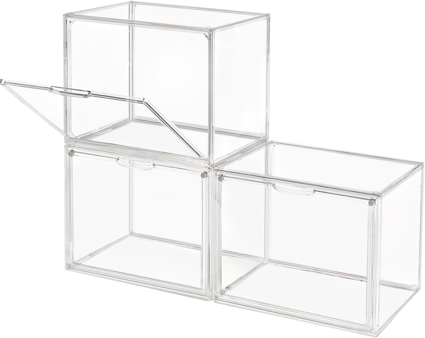GUDEMAY Clear Stackable Plastic Storage Bins with Magnetic Lid, Dustproof Book & Cosmetic Acrylic Display Cases, Large Figures Collectibles Showcase, Shoe Box, Protection Organizer (L, Count, 3)