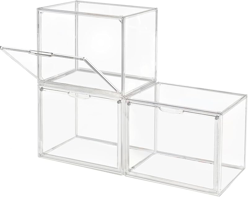 GUDEMAY Organizadores plásticos transparentes empilháveis com porta magnética para maquiagem, calçados e colecionáveis, Pacote com 3