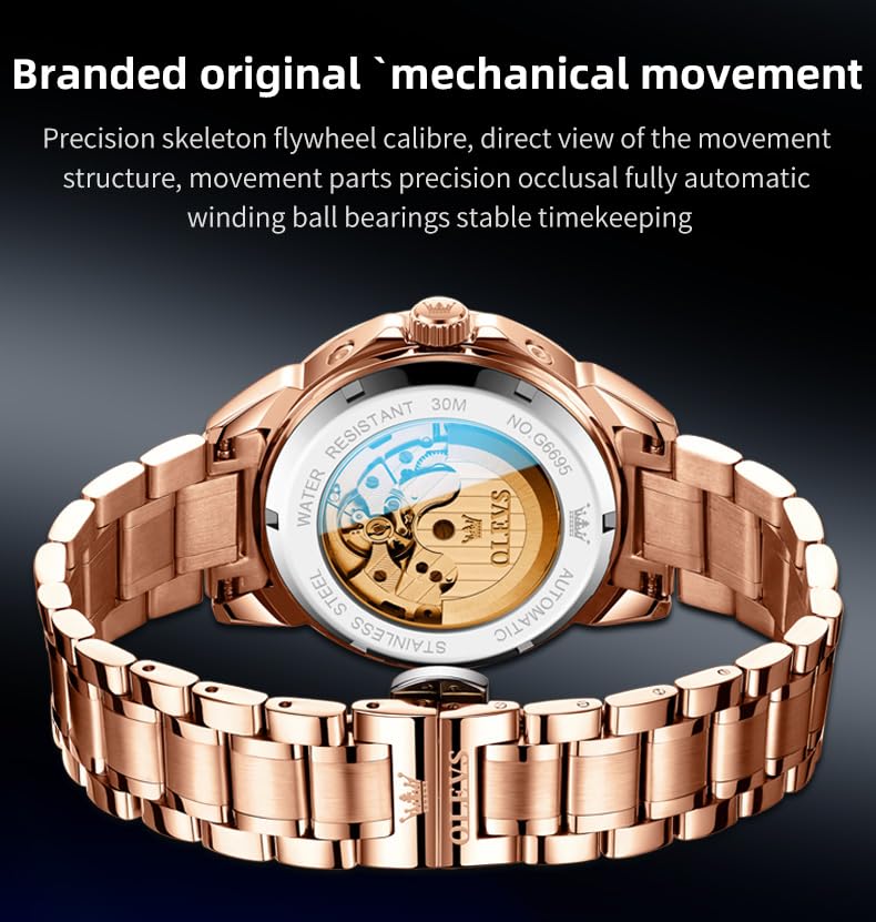Image of OLEVS Automatic Men Watch Self Winding Mechanical Luxury Dress Moon Phase Stainless Steel Waterproof Luminous Calendar Wrist Watch