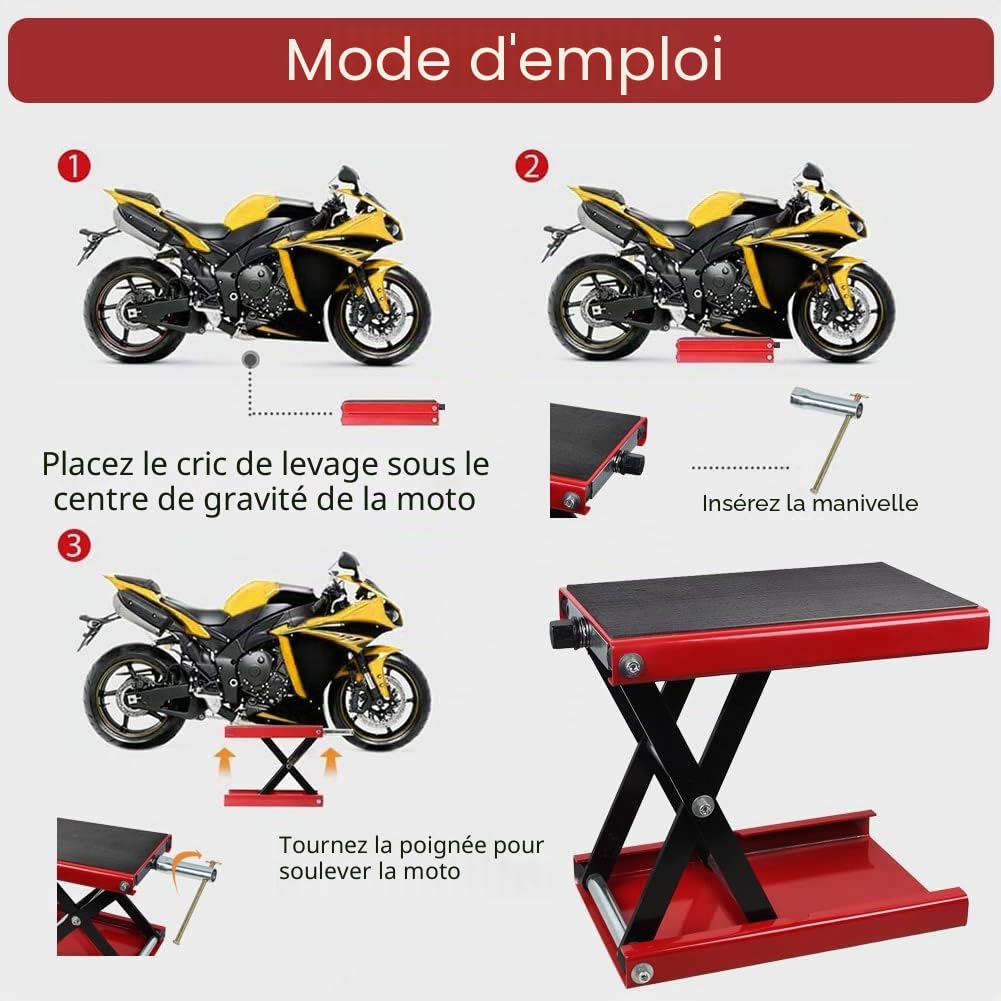 Cric de Moto 1100 lbs/500 kg Hauteur 19-34 cm Pont Élévateur Ciseaux Moto en Acier Plate-Forme Élévatrice Moto Dimension Plat-Forme 36x23 cm Lève Moto Sécurisée Table Élévatrice Moto Entretien, Rouge