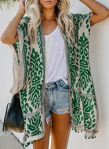 Dokotoo Womens Plus Size Summer Beach Long Boho Chiffon Floral Print Bathing Suit Swim Suit Bikini Kimonos For Summer Swimwear Swimsuit Cover Ups For Women Kimono Cardigans Loose Fit Green #TOP6