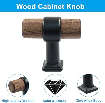 Piutouyar 4 Pack Walnut Cabinet Pulls Handles, 40mm/1.57 T Bar Knob | Single Hole Wood Drawer Handle Knobs, Wooden Dresser Knobs with 2 Types Of Screws, For Kitchen, Cabinet, Drawer, Cupboard
