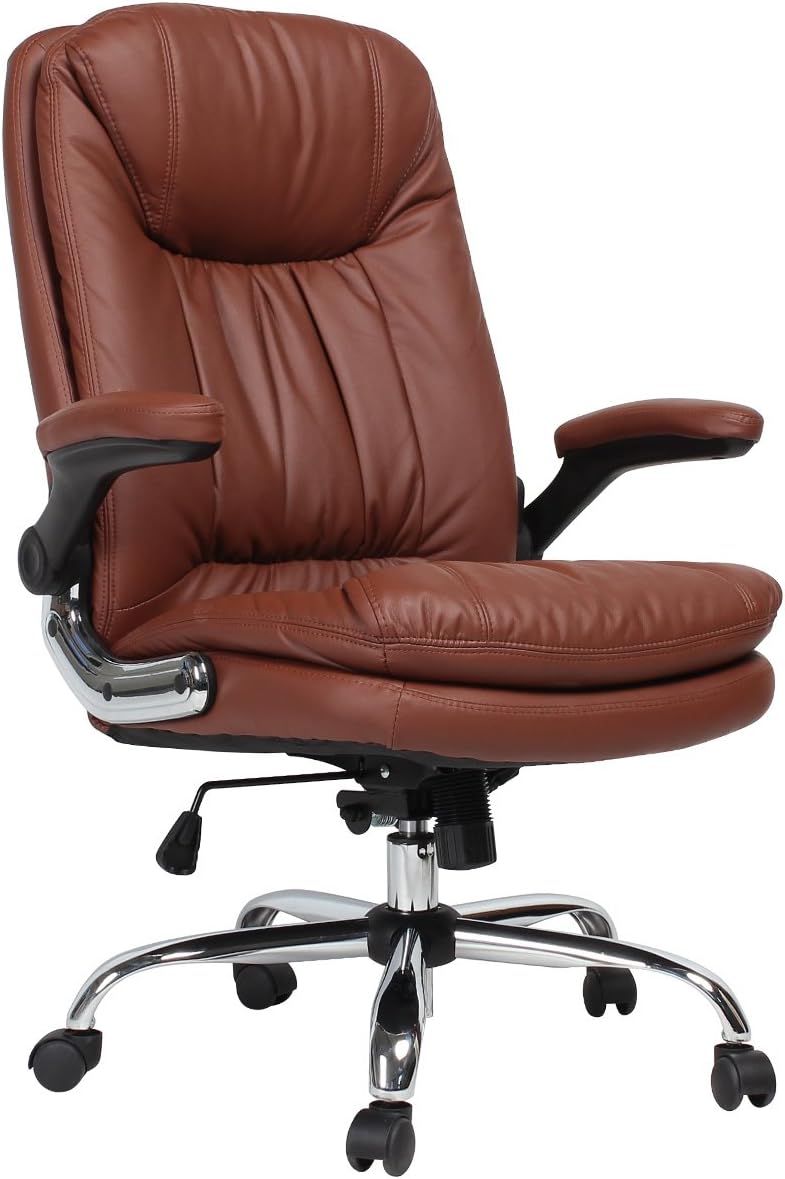 Ergonomic Office Chair - High Back Desk Chair with Flip-Up Arms Thick Cushion Leather Computer Chair Big and Tall 350LBS Brown
